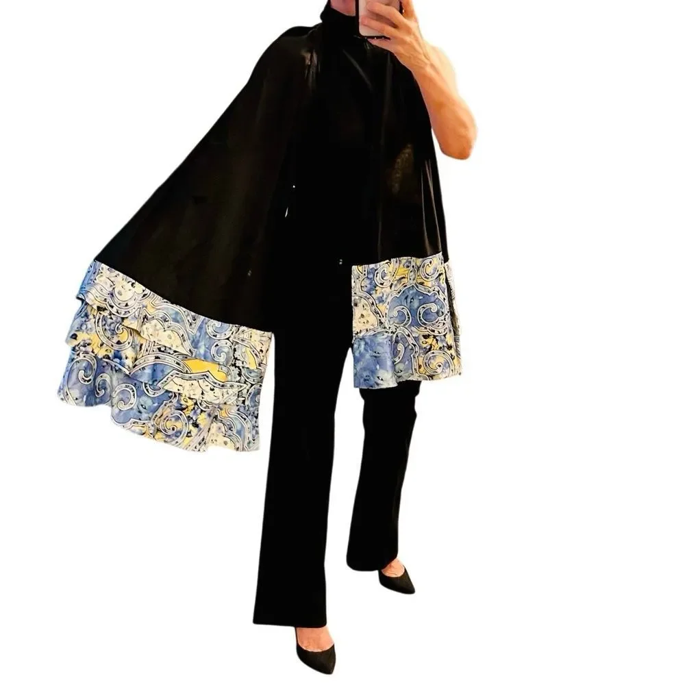 Carlisle Elegant Black Silk Cape Scarf Wrap Blue White Floral Paisley Hem Ruffle